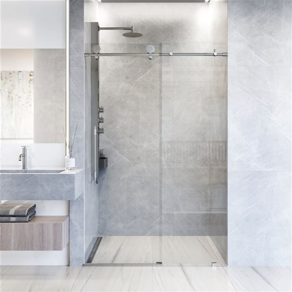 VIGO Elan Hart 56 to 60 in. W x 76 in. H Frameless Sliding Shower Door in Stainless Steel with Clear Glass and Handle