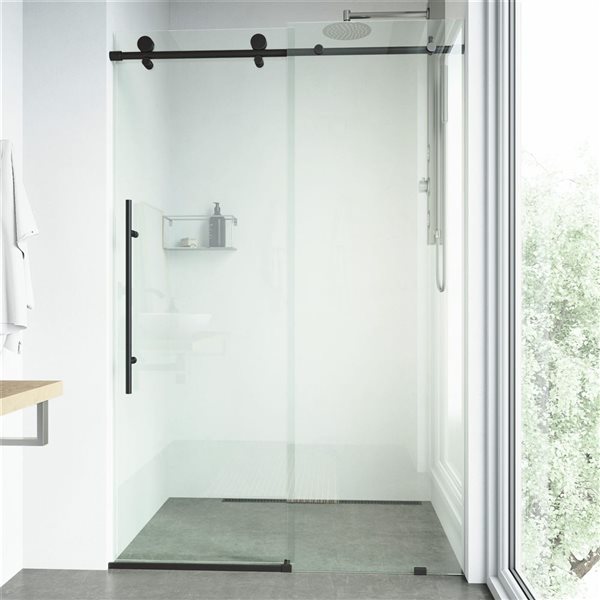 VIGO Elan E-Class 60 to 64 in. W x 76 in. H Frameless Sliding Shower Door in Matte Black with Clear Glass and Handle