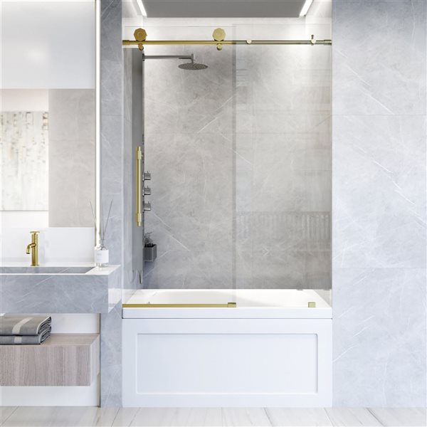 VIGO Elan Hart&nbsp;56 to 60-in W x&nbsp;66-in H Frameless Matte Brushed Gold Sliding Tub Door with Clear Glass and Handle