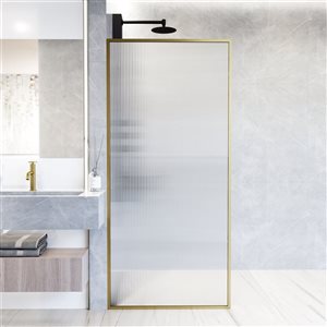 VIGO Meridian 34 in. W x 74 in. H Framed Fixed Shower Screen in Matte Brushed Gold with Fluted Glass