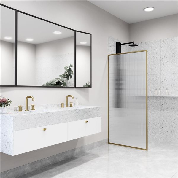 VIGO Meridian 34 in. W x 74 in. H Framed Fixed Shower Screen in Matte Brushed Gold with Fluted Glass