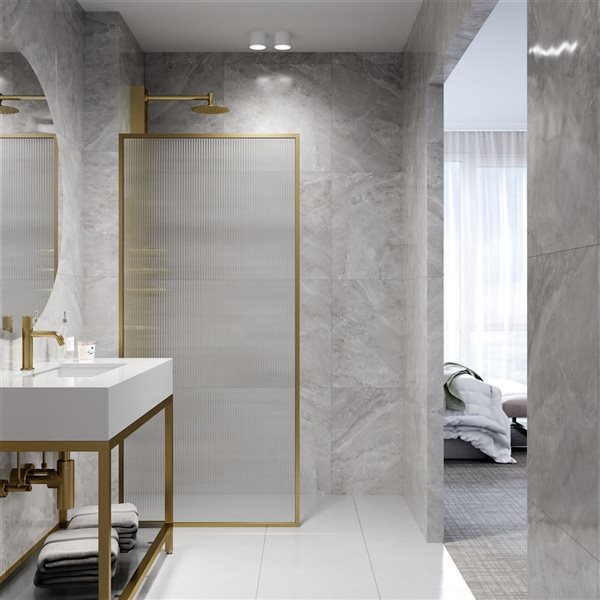 VIGO Meridian 34 in. W x 74 in. H Framed Fixed Shower Screen in Matte Brushed Gold with Fluted Glass