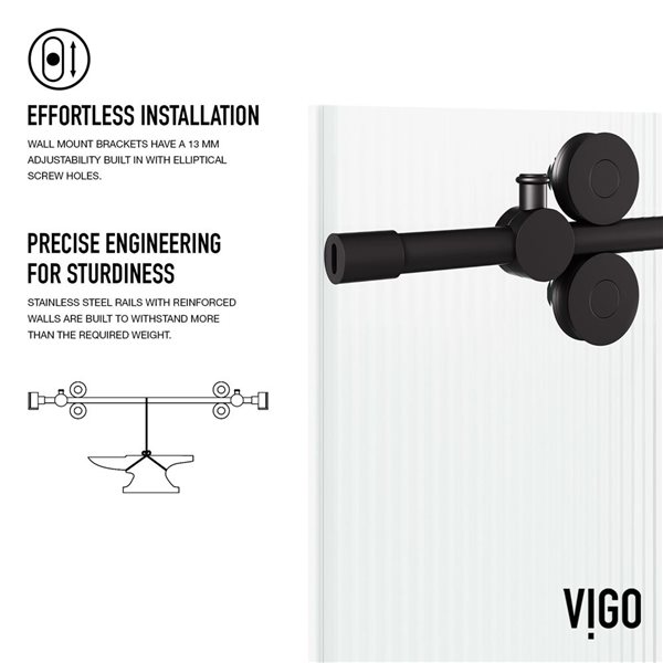 VIGO Elan 56 to 60 in. W x 74 in. H Frameless Sliding Shower Door in Matte Black with Fluted Glass and Handle