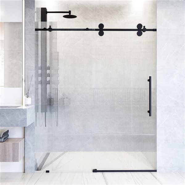 VIGO Elan 56 to 60 in. W x 74 in. H Frameless Sliding Shower Door in Matte Black with Fluted Glass and Handle