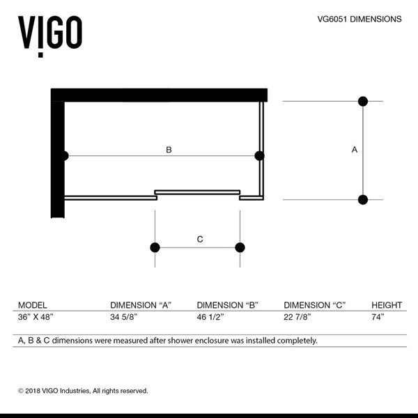 VIGO Winslow 34 in. L x 46 in. W x 74 in. H Frameless Sliding Shower Enclosure in Matte Black with Clear Glass