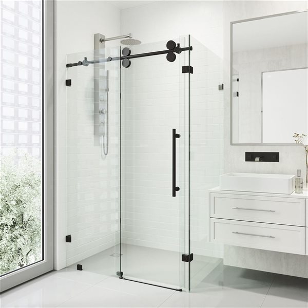 VIGO Winslow 34 in. L x 46 in. W x 74 in. H Frameless Sliding Shower Enclosure in Matte Black with Clear Glass