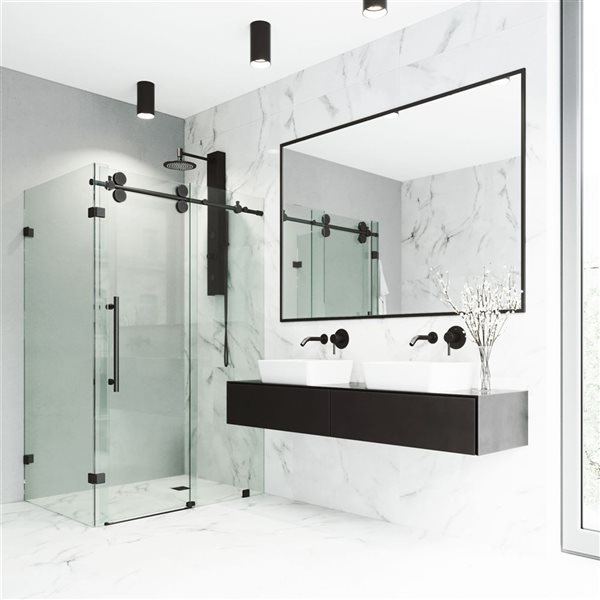 Cabine de douche coulissante sans cadre Winslow de VIGO 34 po x 46 po x 74 po noir mat avec verre transparent