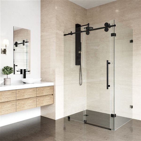 Cabine de douche coulissante sans cadre Winslow de VIGO 34 po x 46 po x 74 po noir mat avec verre transparent