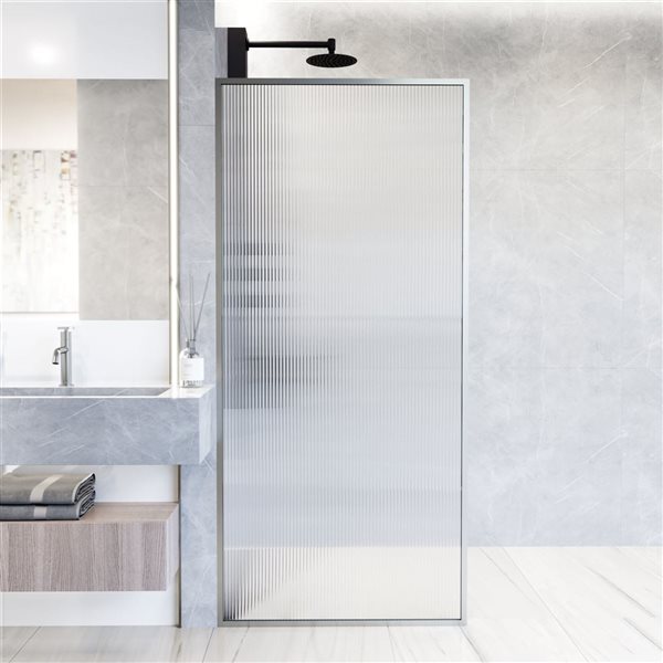 VIGO Meridian 34 in. W x 74 in. H Framed Fixed Shower Screen in Stainless Steel with Fluted Glass