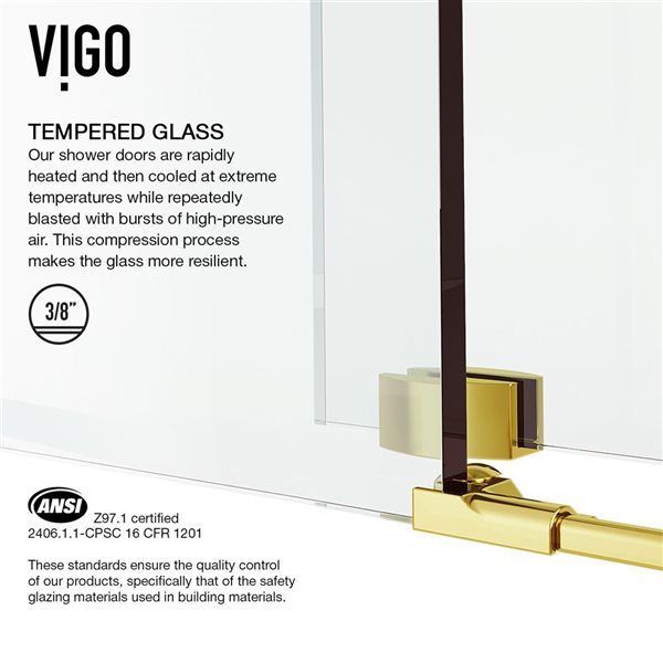 VIGO Winslow 34 in. L x 46 in. W x 74 in. H Frameless Sliding Shower Enclosure in Matte Brushed Gold with Clear Glass