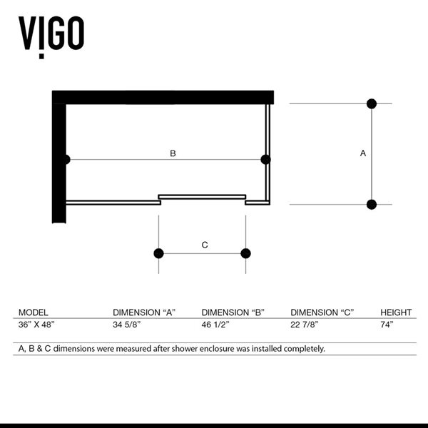 VIGO Winslow 34 in. L x 46 in. W x 74 in. H Frameless Sliding Shower Enclosure in Matte Brushed Gold with Clear Glass