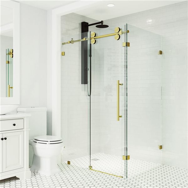 VIGO Winslow 34 in. L x 46 in. W x 74 in. H Frameless Sliding Shower Enclosure in Matte Brushed Gold with Clear Glass