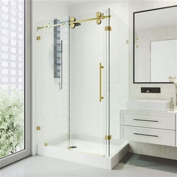 VIGO Winslow&nbsp;36-in D x&nbsp;48-in W x&nbsp;80-in H Frameless Matte Brushed Gold Sliding Shower Enclosure w/ Clear Glass and Base