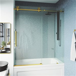 Porte de bain sans cadre et coulissante Cass de VIGO en or brossé mat 60 po x 66 po