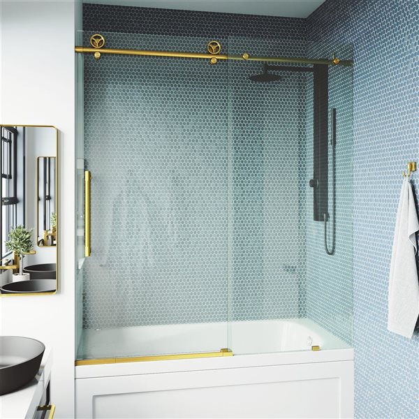 VIGO Elan Cass Aerodynamic 60 in. x 66 in. Frameless Sliding Bathtub Door in Matte Brushed Gold