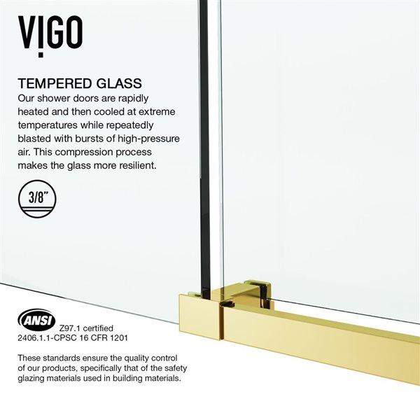 VIGO Elan E-Class 44 to 48 in. W x 76 in. H Frameless Sliding Shower Door in Matte Brushed Gold with Clear Glass