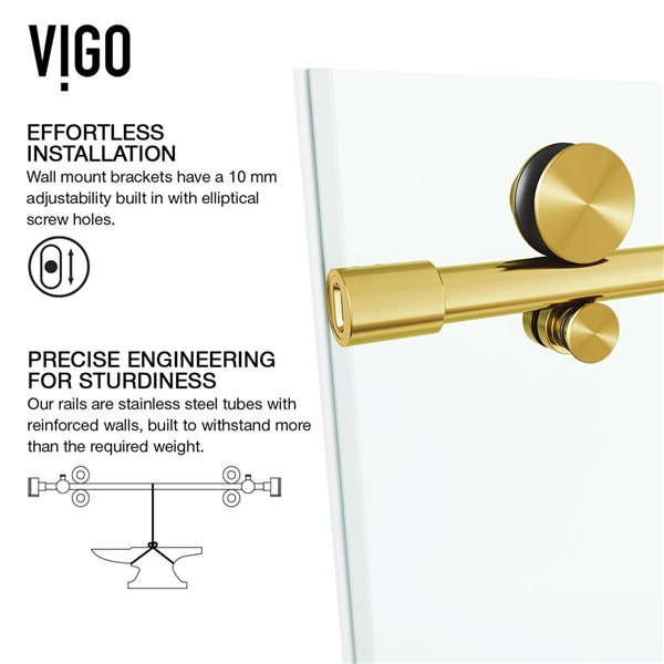 VIGO Elan E-Class 44 to 48 in. W x 76 in. H Frameless Sliding Shower Door in Matte Brushed Gold with Clear Glass