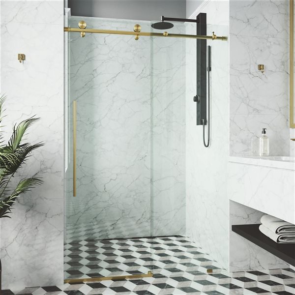 Porte de douche coulissante sans cadre Elan E-Class de VIGO 44 à 48 po x 76 po or brossé mat avec verre transparent