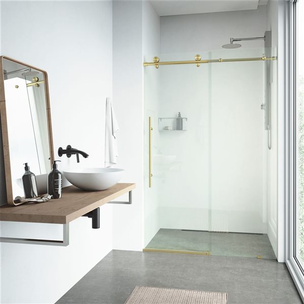 Porte de douche coulissante sans cadre Elan E-Class de VIGO 44 à 48 po x 76 po or brossé mat avec verre transparent