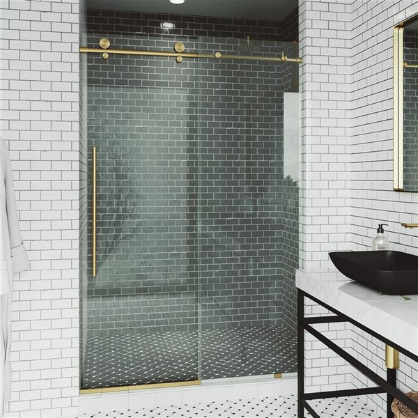 Porte de douche coulissante sans cadre Elan E-Class de VIGO 44 à 48 po x 76 po or brossé mat avec verre transparent