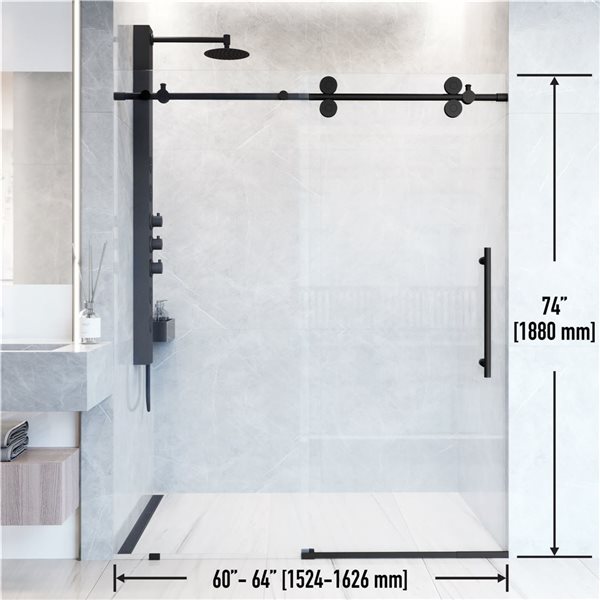 Porte de douche coulissante sans cadre Elan de VIGO 60 à 64 po x 74 po noir mat avec verre transparent et poignée