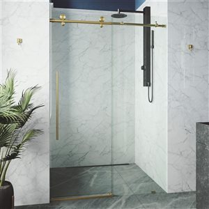 VIGO Elan E-Class 56 to 60 in. W x 76 in. H Frameless Sliding Shower Door in Matte Brushed Gold with Clear Glass