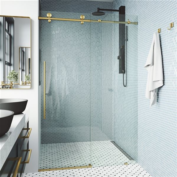 Porte de douche coulissante sans cadre Elan E-Class de VIGO 56 à 60 po x 76 po or brossé mat avec verre transparent