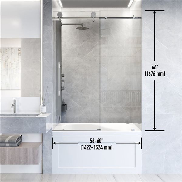 Porte de douche coulissante, sans cadre et en acier inoxydable Elan Hart par VIGO 60 po l x 76 po H