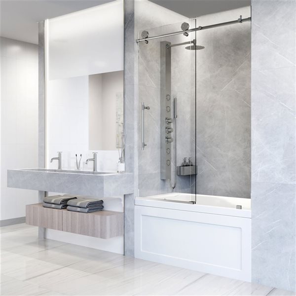 Porte de douche coulissante, sans cadre et en acier inoxydable Elan Hart par VIGO 60 po l x 76 po H