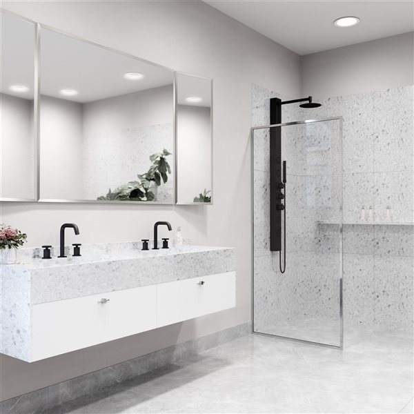 Paroi de douche fixe encadrée Meridian de VIGO 34 po x 74 po chrome avec verre transparent