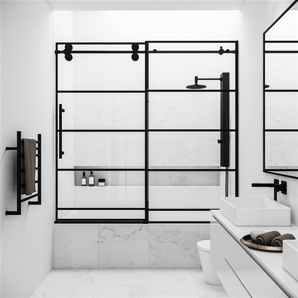 VIGO Elan 56 to 60 in. W x 66 in. H Sliding Frameless Tub Door in Matte Black with 3/8 in. (10mm) Clear Glass