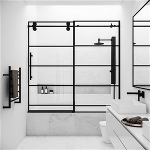 VIGO Elan 56 to 60 in. W x 66 in. H Sliding Frameless Tub Door in Matte Black with 3/8 in. (10mm) Clear Glass