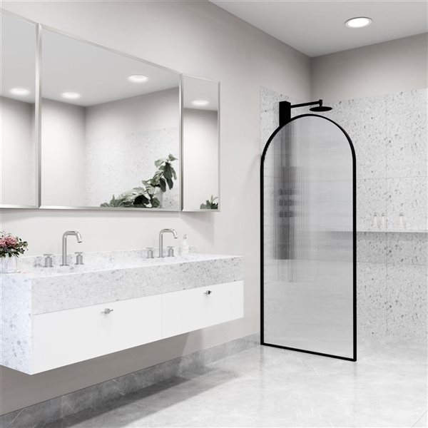 VIGO Arden 34 in. W x 78 in. H Framed Fixed Shower Screen in Matte Black with Fluted Glass