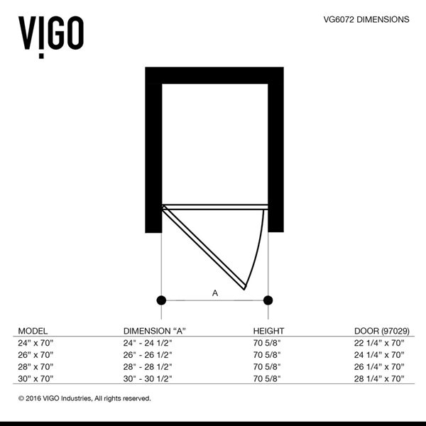 VIGO Soho 30 to 31 in. W x 71 in. H Frameless Hinged Shower Door in Chrome with Clear Glass and Handle