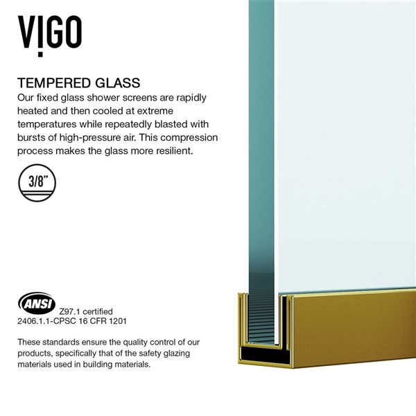 VIGO Meridian 34 in. W x 74 in. H Framed Fixed Shower Screen in Matte Brushed Gold with Clear Glass