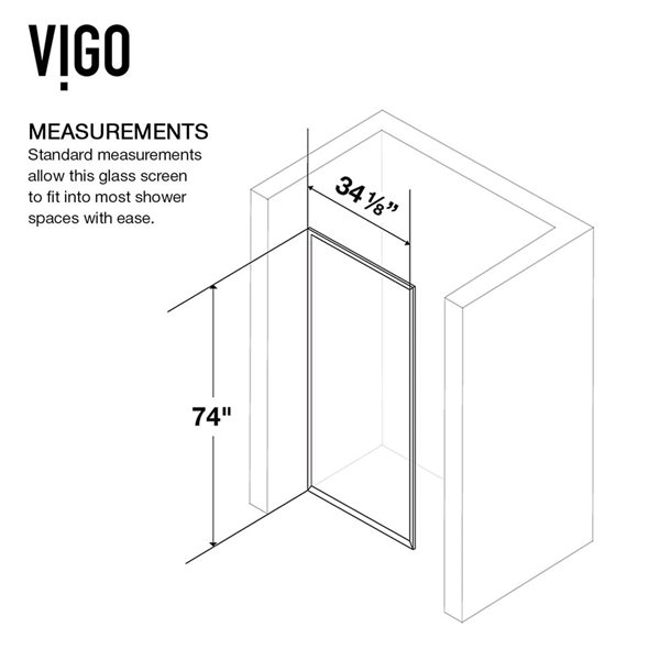 VIGO Meridian 34 in. W x 74 in. H Framed Fixed Shower Screen in Matte Brushed Gold with Clear Glass