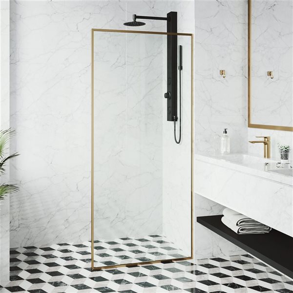 Paroi de douche fixe encadrée Meridian de VIGO 34 po x 74 po or brossé mat avec verre transparent