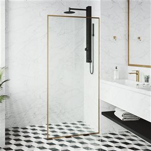 Paroi de douche fixe encadrée Meridian de VIGO 34 po x 74 po or brossé mat avec verre transparent