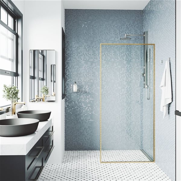 VIGO Meridian 34 in. W x 74 in. H Framed Fixed Shower Screen in Matte Brushed Gold with Clear Glass