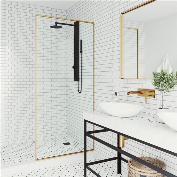 Paroi de douche fixe encadrée Meridian de VIGO 34 po x 74 po or brossé mat avec verre transparent