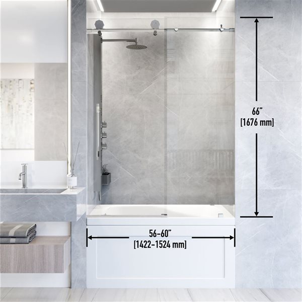 VIGO Elan Hart 60 in. W x 66 in. H Sliding Frameless Tub Door in Chrome with Clear Glass