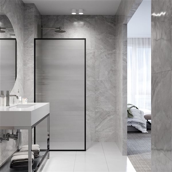 VIGO Meridian 34 in. W x 74 in. H Framed Fixed Shower Screen in Matte Black with Fluted Glass