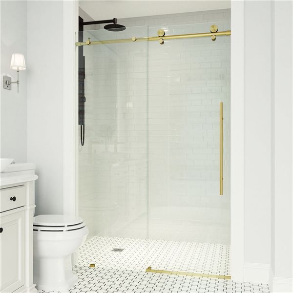 Porte de douche coulissante sans cadre Elan E-Class par VIGO or brossé mat avec verre transparent  52 à 56 po x 76 po