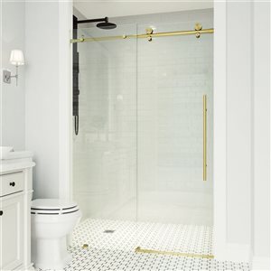 Porte de douche coulissante sans cadre Elan E-Class par VIGO or brossé mat avec verre transparent  52 à 56 po x 76 po