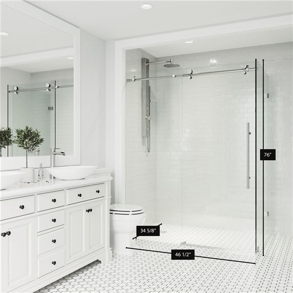 Cabine de douche coulissante sans cadre Elan E-Class par VIGO acier inoxydable avec verre transparent 34 x 46 x 76 po