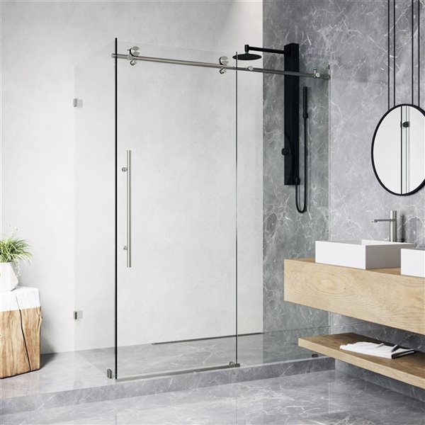 VIGO Elan E-Class 34 in. L x 46 in. W x 76 in. H Frameless Sliding Shower Enclosure in Stainless Steel with Clear Glass