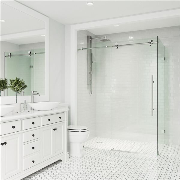 Cabine de douche coulissante sans cadre Elan E-Class par VIGO acier inoxydable avec verre transparent 34 x 46 x 76 po