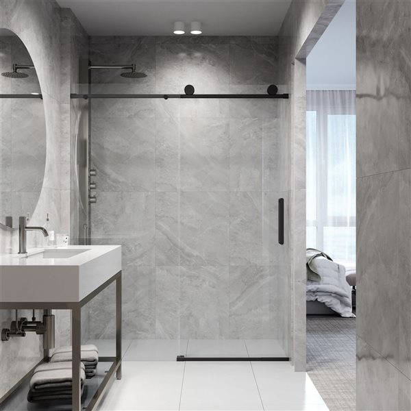 VIGO Elan 68 to 72 in. W x 76 in. H Frameless Sliding Shower Door in Matte Black with Clear Glass and Handle