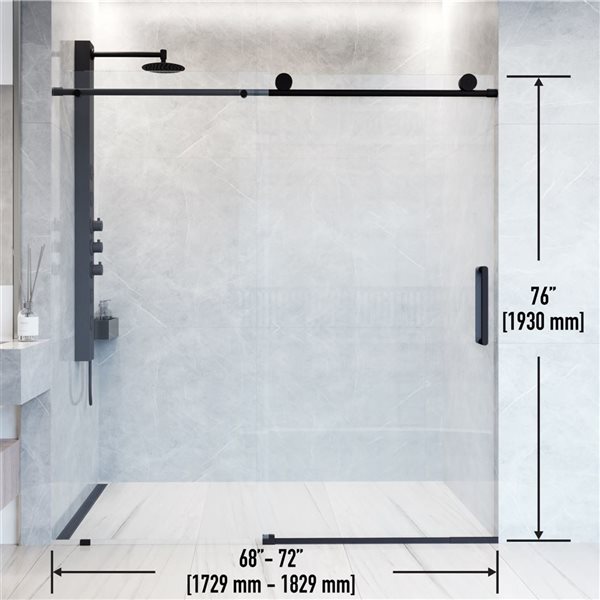 Porte de douche coulissante sans cadre Elan par VIGO noir mat avec verre transparent et poignée 68 à 72 po x 76 po