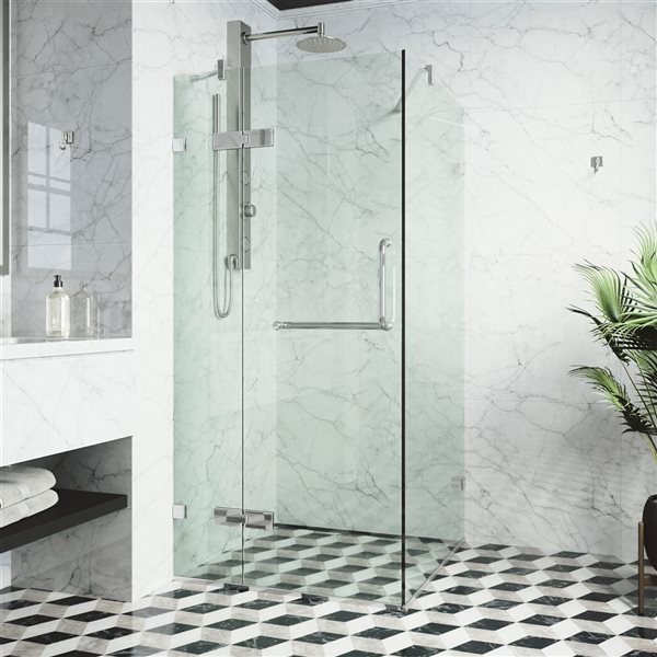 VIGO Monteray 30 in. W x 73 in. H Frameless Hinged Shower Enclosure in Chrome with Clear Glass and Handle